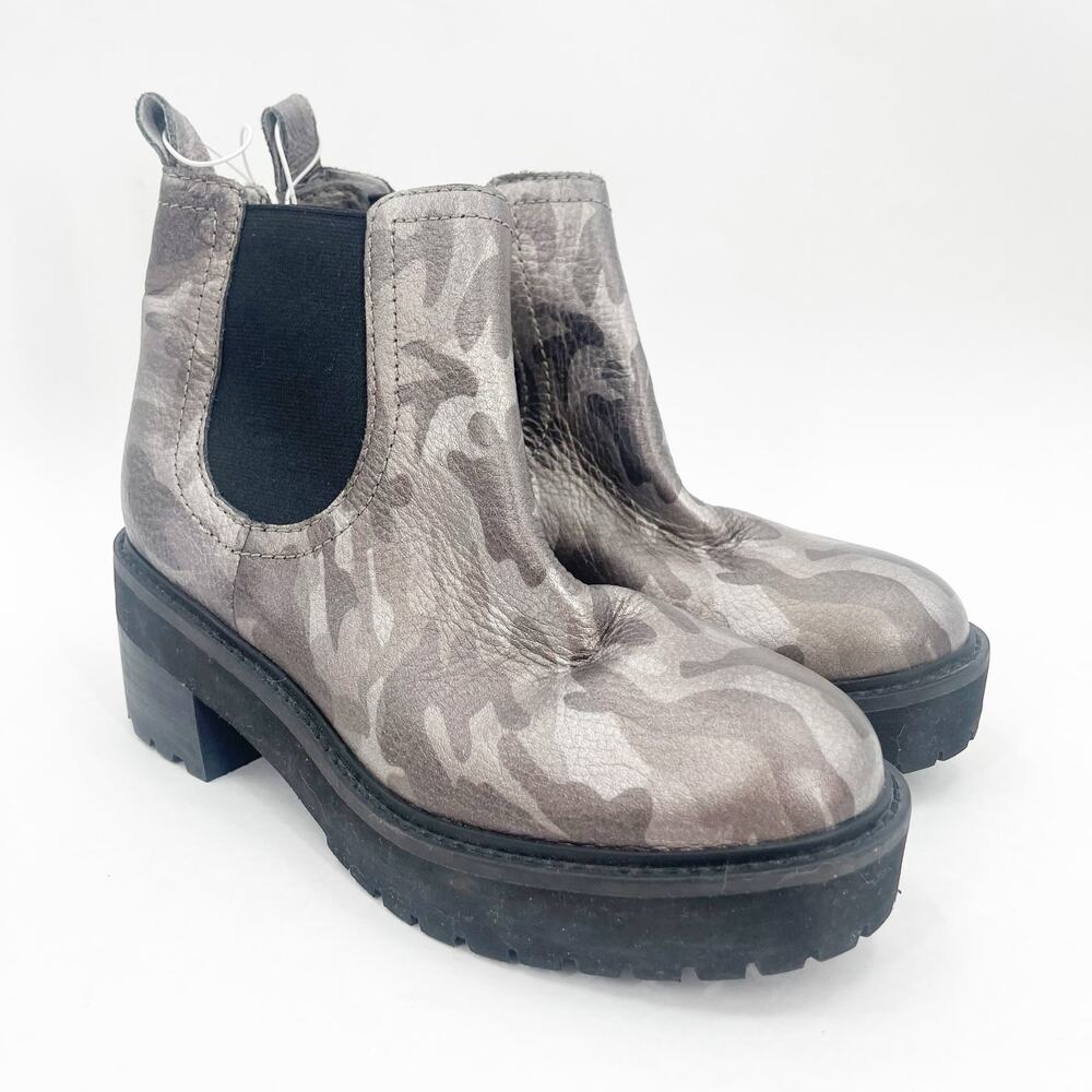 LINEA PAOLO Tate Boots Size 8.5 Metallic Camo Silver Lug Sole Black Stretch NEW